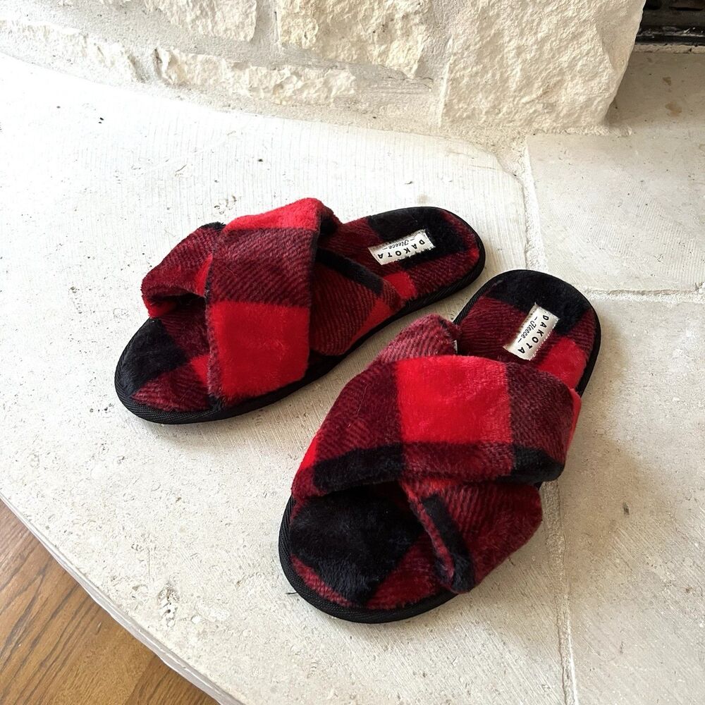 Dakota Fleece Slippers Womens Size M 7-8 Red Black Plaid Slip On Open‎ Toe Shoes